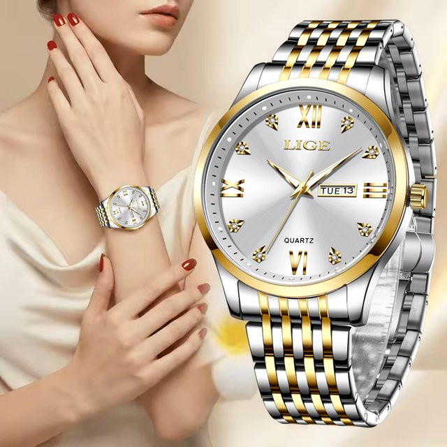 LIGE Armbanduhr Edelstahl, Quarz, Diamantbesetzt, Gold, Damen - Bild 1