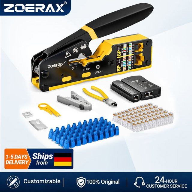 ZoeRax RJ45 Crimp-Werkzeug-Set für Ethernet LAN Kabel mit Kabeltester, Drahtschneider, Abisolierer und 50 Steckverbindern in Gelb - Bild 1