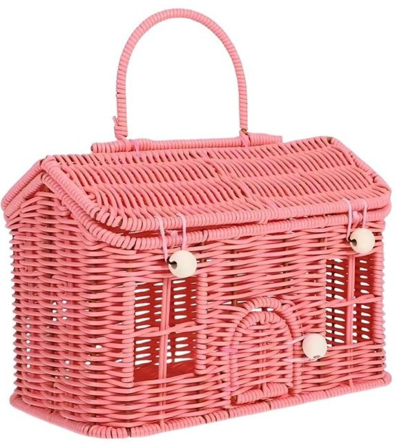 Dongyah Aufbewahrungskorb aus natürlichem Grasgewebe in Hausform mit Deckel und Schultergurt, Rosa - Bild 1