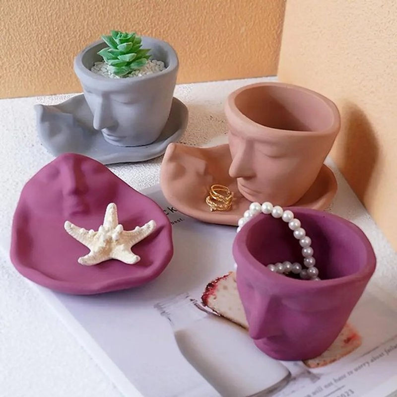 UDOCOOL Abstraktes Gesicht Dekotablett aus Glas und Beton in Mehrfarbig, Minimalistisches Design für Kerzen und Home Decor - Bild 1