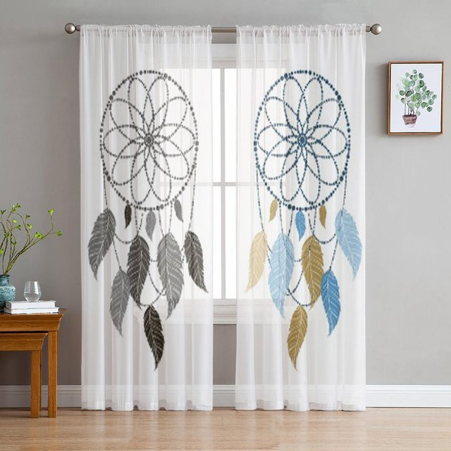 Transparenter Traumfänger Tüllvorhang von A Family Of Home Textiles in Weiß mit handgezeichneten Federn, B: 135 cm, H: 137 cm - Bild 1
