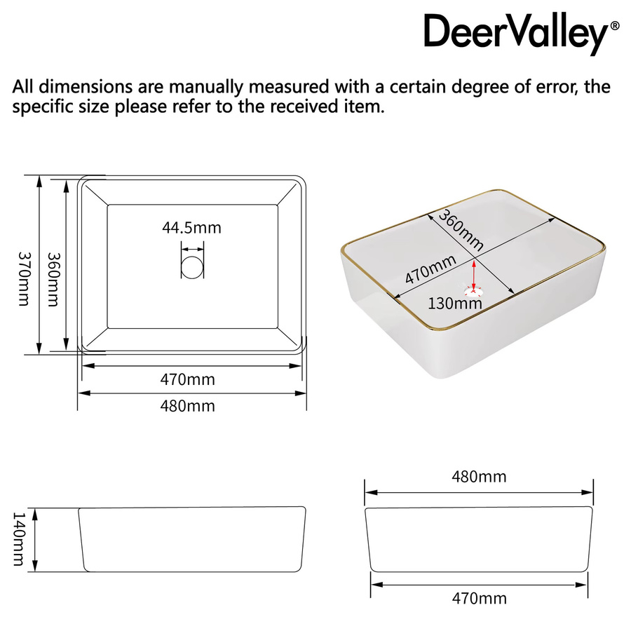 DeerValley Quadratisches Keramik-Aufsatzwaschbecken in Weiß mit Goldrand, B/T/H: 48 x 48 x 14 cm - Bild 4