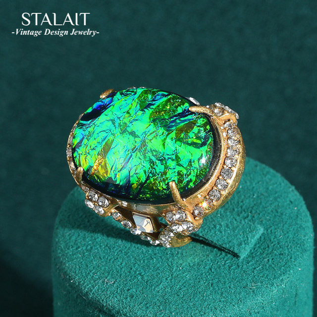 STALAIT Ring, Smaragdgrüner Opal, Gold, Damen, Vintage - Bild 1