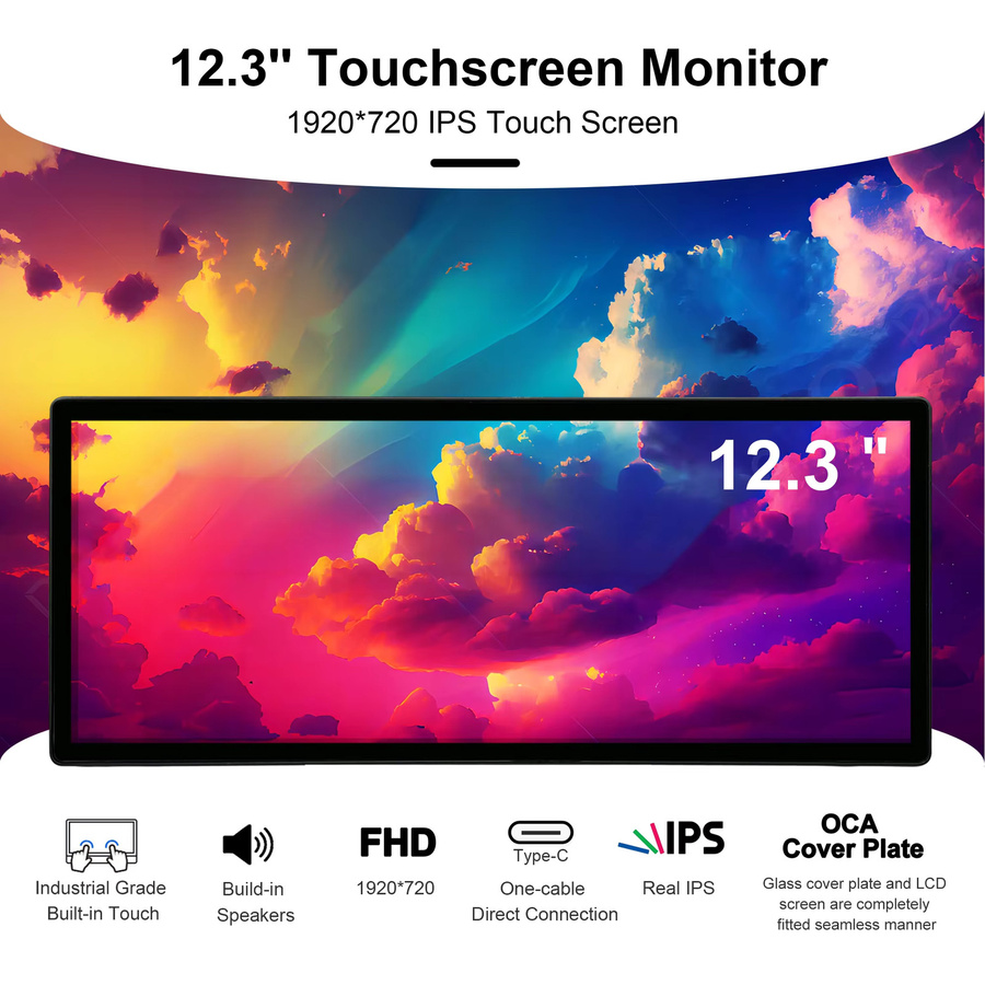 Wisecoco 12,3 Zoll Mini-Touchscreen-Display mit gestreckter Bar, IPS-LCD-Monitor in Schwarz, Auflösung 1920 x 720, HDMI und USB-C Anschluss für PC und Laptop - Bild 2