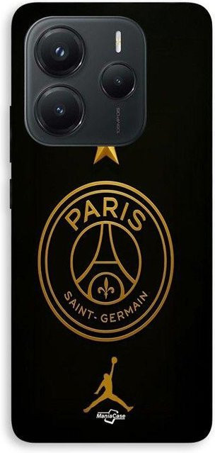 MANIACASE Silikon Handyhülle für Xiaomi Redmi Note 14 5G in Schwarz mit PSG Logo in Gold - Bild 1