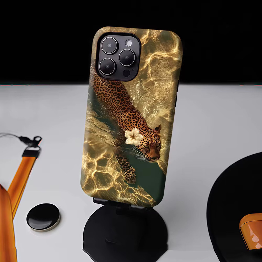 Potdemiel Magnetische Handyhülle mit Leopard im goldenen Wasser für iPhone 17 16 15 14 13 Pro Max Plus, Robuste Einzel- und Doppelschicht-Hülle, Farbe: Gold - Bild 4