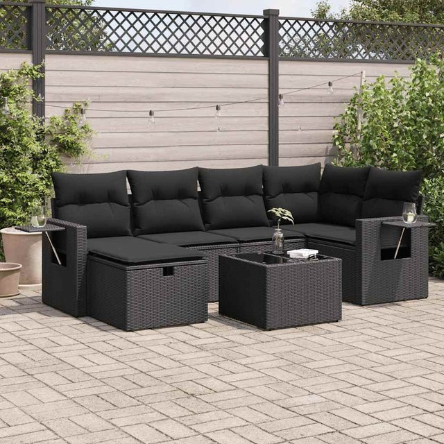 vidaXL 7-tlg. Garten-Sitzgruppe aus Polyrattan in Schwarz mit Kissen und L-Form - Bild 3