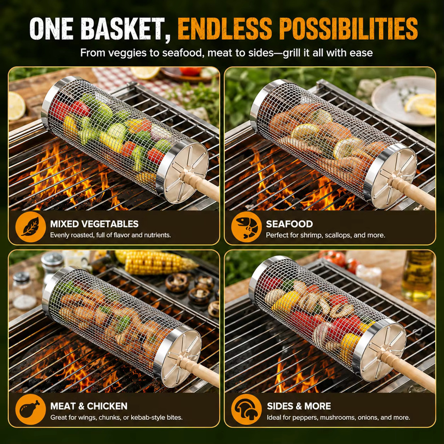 PGY Edelstahl-Grillkorb-Set mit Holzgriff in Silber für BBQ und Camping - Bild 5