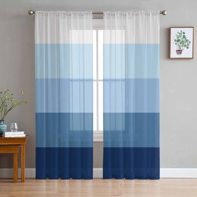 Transparente Tüll Vorhänge mit blauem Farbverlauf und Streifen von Household supplies MH, Organza Voile Fenstergardinen, Breite: 135 cm, Höhe: 137 cm - Bild 1
