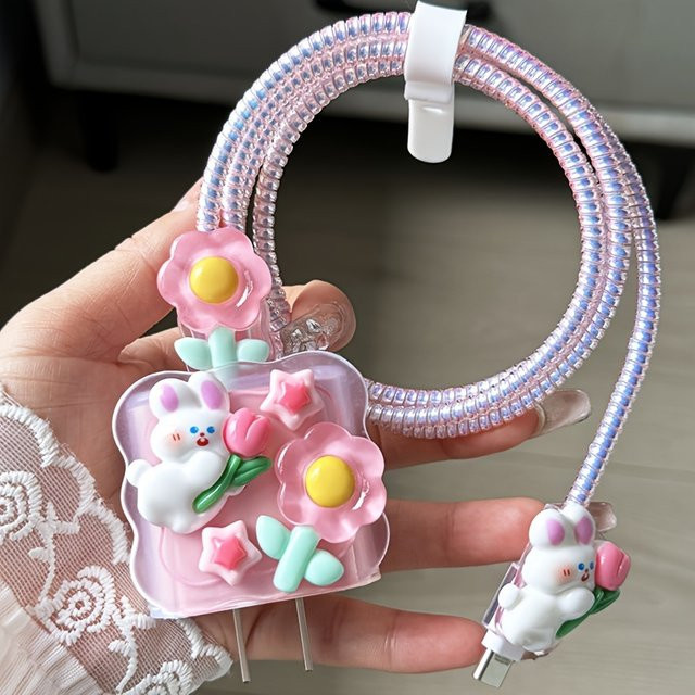 Rosa 3D Blumen Kabel-Schutzhülle für iPhone Ladegeräte und Datenleitungen - Bild 1