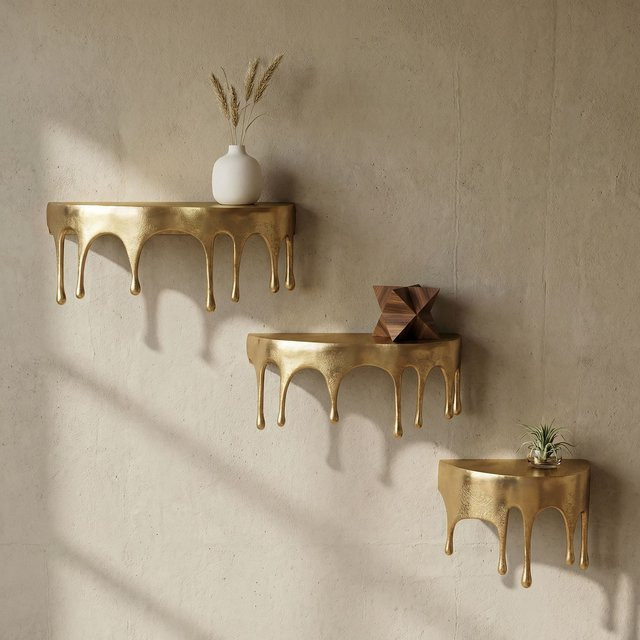 3er Set Wandregal Finebuy aus Aluminium in Gold mit Tropfen-Optik, modernes Schweberegal für dein Wohnzimmer - Bild 1