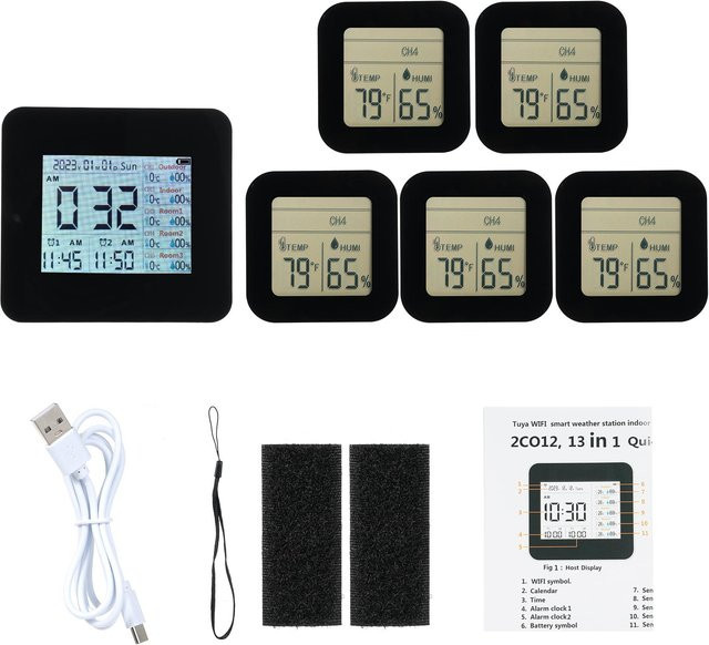 TOMTOP JMS 13in1 Digitales Hygrometer und Thermometer mit App-Steuerung via WiFi, inklusive 5 Fernsensoren, Farbe: Schwarz - Bild 1