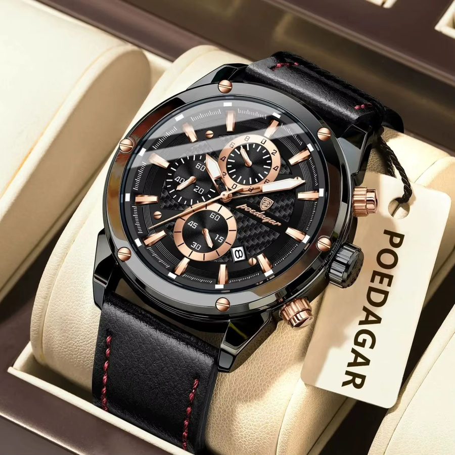 POEDAGAR Armbanduhr, Chronograph, Quarz, Leder, Schwarz, Herren - Bild 2