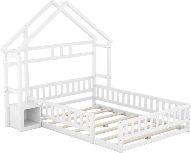KOMHTOM Kinderbett Hausbett aus Kiefernholz mit Geländer und Nachttischen in Weiß, B/T/H: 140 x 200 x 203 cm - Bild 1