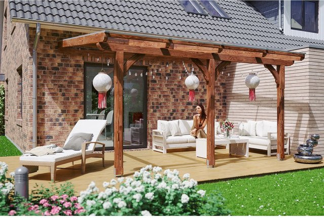 Skan Holz Terrassenüberdachung Rimini aus Douglasie in Nussbaum Braun B/T/H: 434 x 300 cm mit Polycarbonat Dach - Bild 1