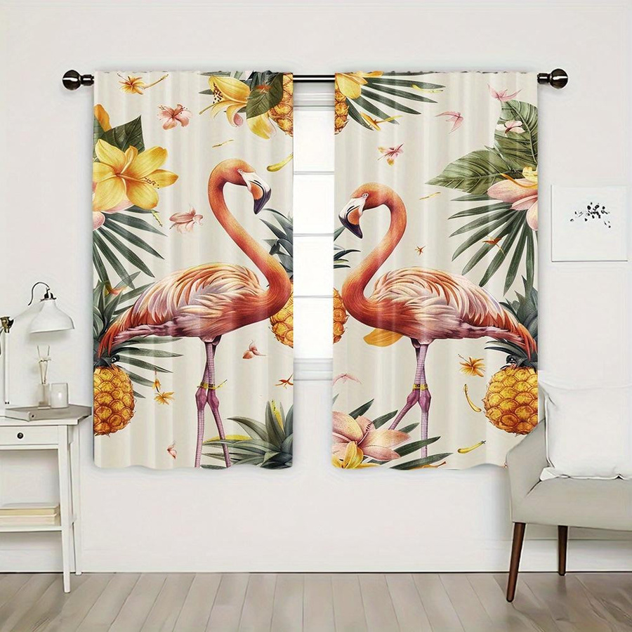 2-teiliges Yiran Furniture Vorhangset mit Flamingo- und Blumendruck aus Polyester, halbtransparent, Mehrfarbig, Breite: 50 cm, Höhe: 130 cm - Bild 1