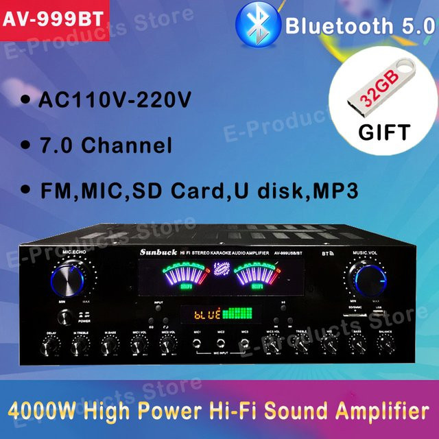 WAPUNO Bluetooth HiFi-Digital-Stereo-Verstärker AV-555BT/999BT in Schwarz mit zwei dynamischen Bildschirmen und max. 4000W für Heimkino, Auto und Karaoke - Bild 1