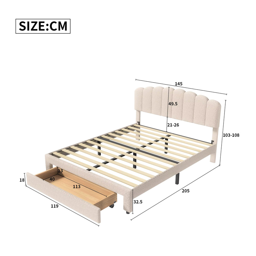 Rosahqnda Doppelbett mit Teddybär-Kopfteil und Schublade, Polsterbett für Jugendzimmer in Beige, B/T: 140 x 200 cm - Bild 2