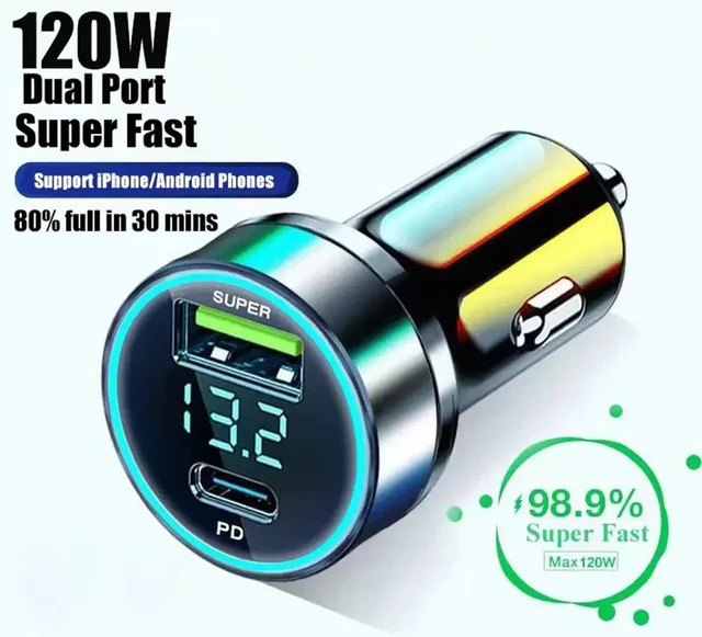 PD USB-Autoladegerät mit 120 W Schnellladung, USB-C und QC3.0 Reiseadapter für iPhone, Xiaomi und Samsung - Bild 1