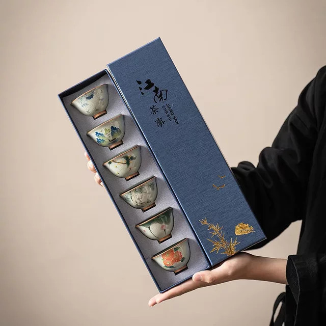 Geyao Keramik Tee-Set mit 6 handbemalten Kung Fu Teetassen in Floral-Design, Mehrfarbig - Bild 1