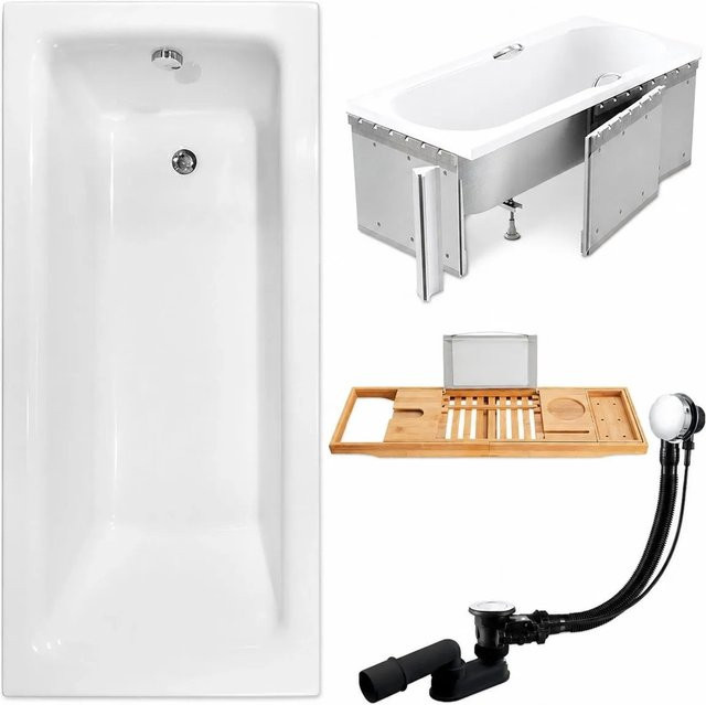 KOLMAN Badewanne Rechteck aus Acryl in Weiß mit Styroporverkleidung, Bambus-Badewannenablage und Anti-Rutsch-Funktion, B/T: 150 x 70 cm - Bild 1