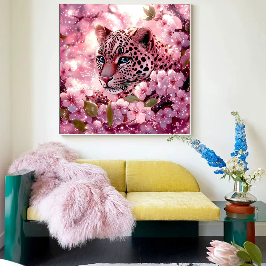 Huacan Diamantmalerei Leopard und Pflaumenblüte in Pink als moderne Wanddekoration - Bild 3