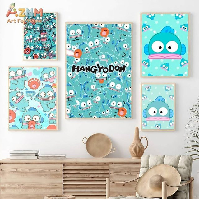 AZNM Sanrio Hangyodon Leinwand-Wandkunst, blauer Kawaii Cartoon-Fisch, ungerahmtes Poster - Bild 1