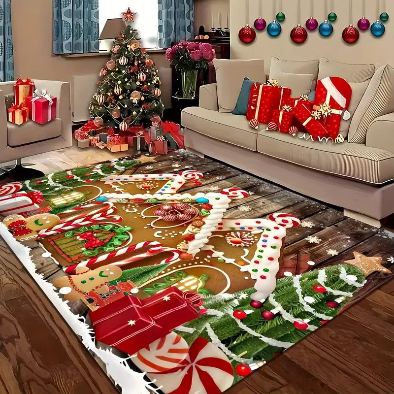 VIKAMA Druckteppich Set mit Weihnachtsthema und Süßigkeiten-Hüttenmuster für Schlafzimmer, Eingang, Garten und Terrasse - Bild 2