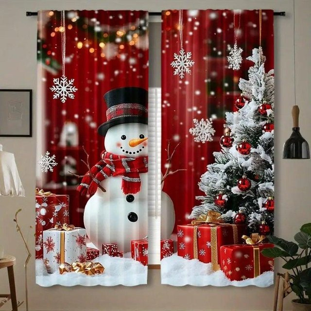 2er-Set rote Weihnachtsmuster Fenstergardinen mit Weihnachtskugeln, halbtransparent, Polyester, B/H: 86 x 214 cm - Bild 1