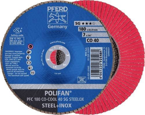 PFERD POLIFAN CO-COOL Fächerschleifscheibe Stahl und Edelstahl, Durchmesser: 180 mm, Bohrungs-Ø: 22,23 mm, Körnung: 40 - Bild 1