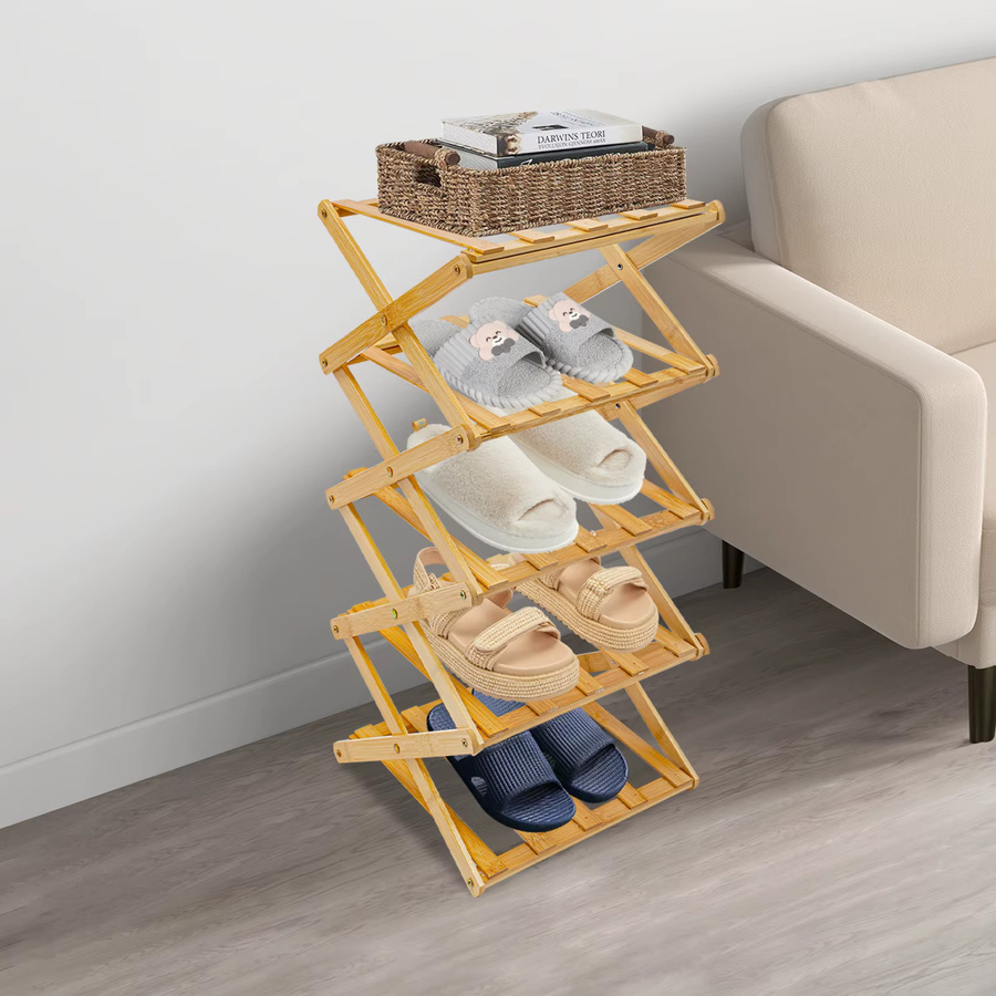 Bymaocar 5-stufiges faltbares Schuhregal aus Bambus in Braun, zusammenklappbares Schuhregal ohne Montage für Wohnzimmer und Schlafzimmer - Bild 3