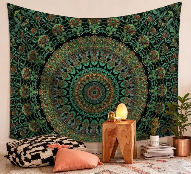 Tee Vibe Mandala Wandteppich Grünes Feuer, Boho Hippie Dekoration, B/H: 150 x 180 cm - Bild 1