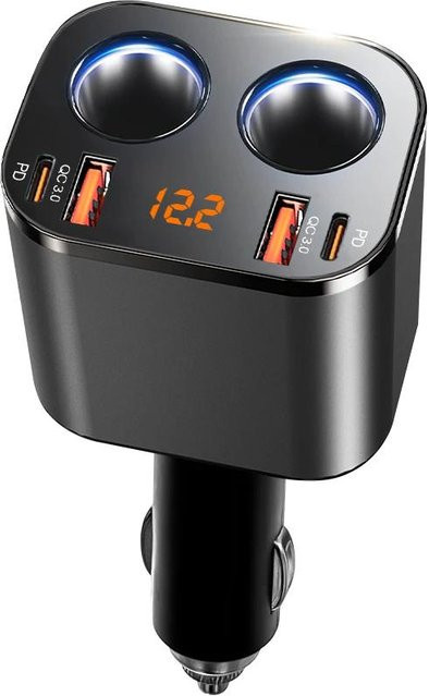 YJMP 6-in-1 Einziehbarer Auto-USB-Schnellladeadapter mit 200W Max, PD30W und QC3.0, Zigarettenanzünder-Adapter für 12V-24V Fahrzeuge, Schwarz - Bild 1