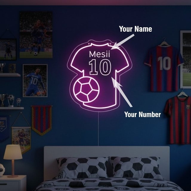 Personalisiertes Fußball-Neonschild für Kinder mit Namen in Blau als Wanddekoration für das Kinderzimmer - Bild 1
