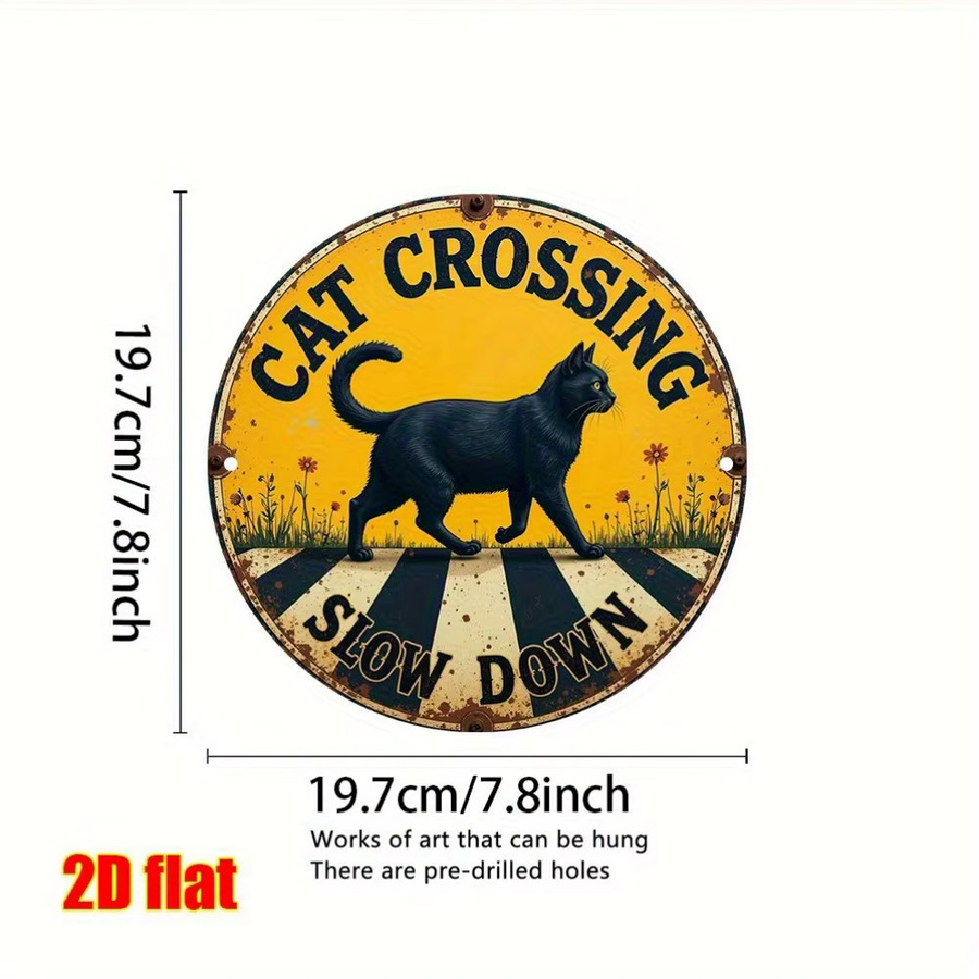 Potdemiel Vintage Metallschild Cat Crossing Slow Down Wanddekoration aus Aluminium in Schwarz und Gelb, Breite: 20,0 cm, Höhe: 20,0 cm - Bild 2