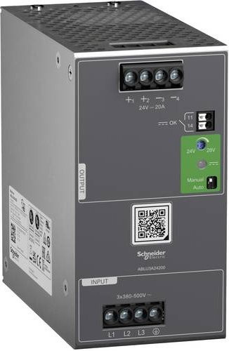Schneider Electric Modicon ABLU ABLU3A24200 Spannungsversorgung, getaktet, 380-500V AC, 3-phasig, 24V DC, 20A, 480W, grau - Bild 1