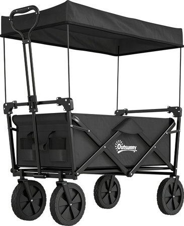 Outsunny faltbarer Bollerwagen mit Sonnendach und Tragetasche, Transportwagen aus Metall in Schwarz, belastbar bis 110 kg
