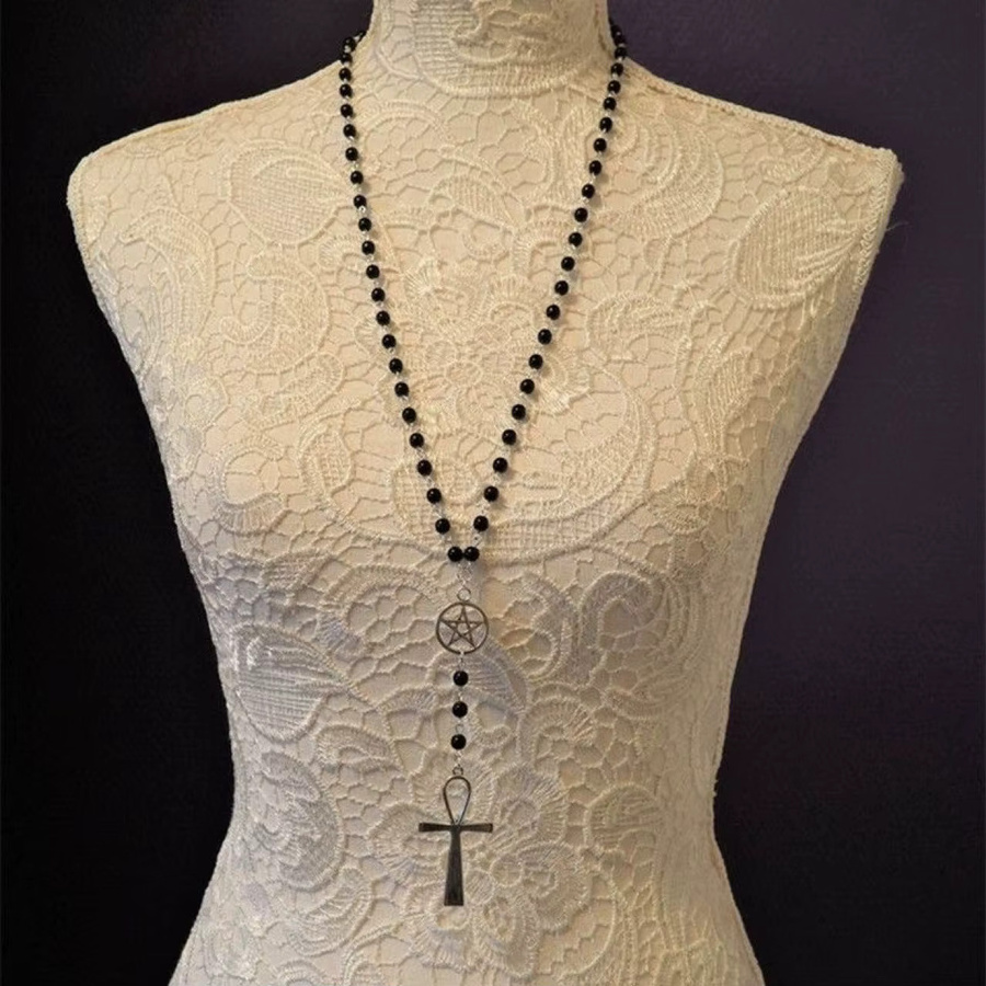 imixlot Rosenkranz-Halskette, Ankh und Pentagramm, schwarze Perlen, Damen - Bild 3
