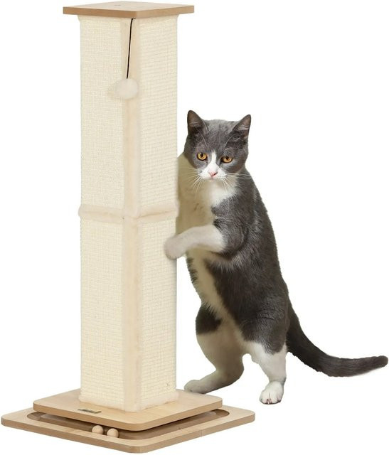PawHut Kratzsäule aus MDF und Sisal mit integriertem Spielzeug in Eiche, Cremeweiß und Beige, H x B x T: 87 x 39,5 x 39,5 cm - Bild 1