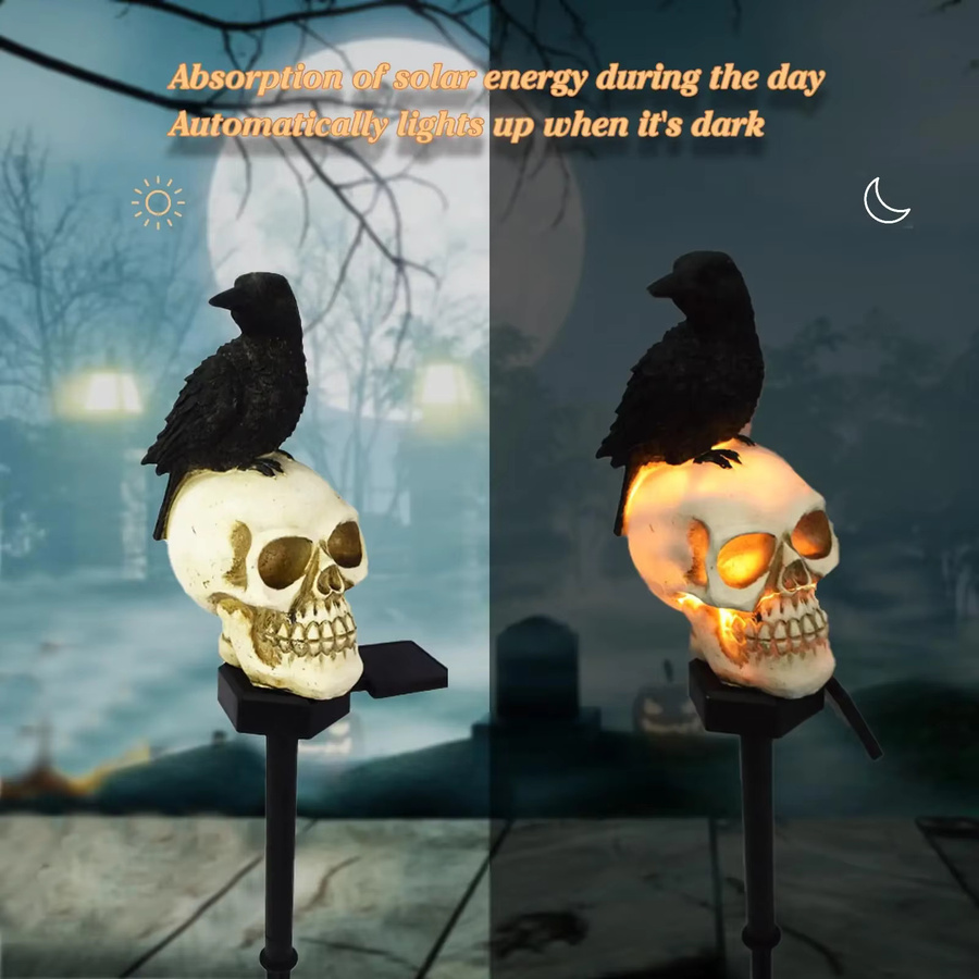 Solar-Halloween-Schädel-Pfahl-Lichter aus wasserfestem Harz und Kunststoff in Weiß und Schwarz mit warmweißem Licht für Garten und Außenbereich - Bild 4