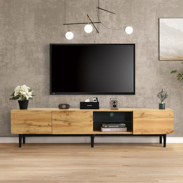 Flieks TV-Lowboard im Industrie-Design mit LED-Leuchten und Holzmaserung, Farbe: Holzfarbe/Schwarz, B/T/H: 175 x 41 x 41 cm - Bild 1