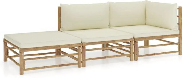 vidaXL 3-tlg Garten-Lounge-Set aus Bambus mit cremeweißen Polstern in L-Form - Bild 1