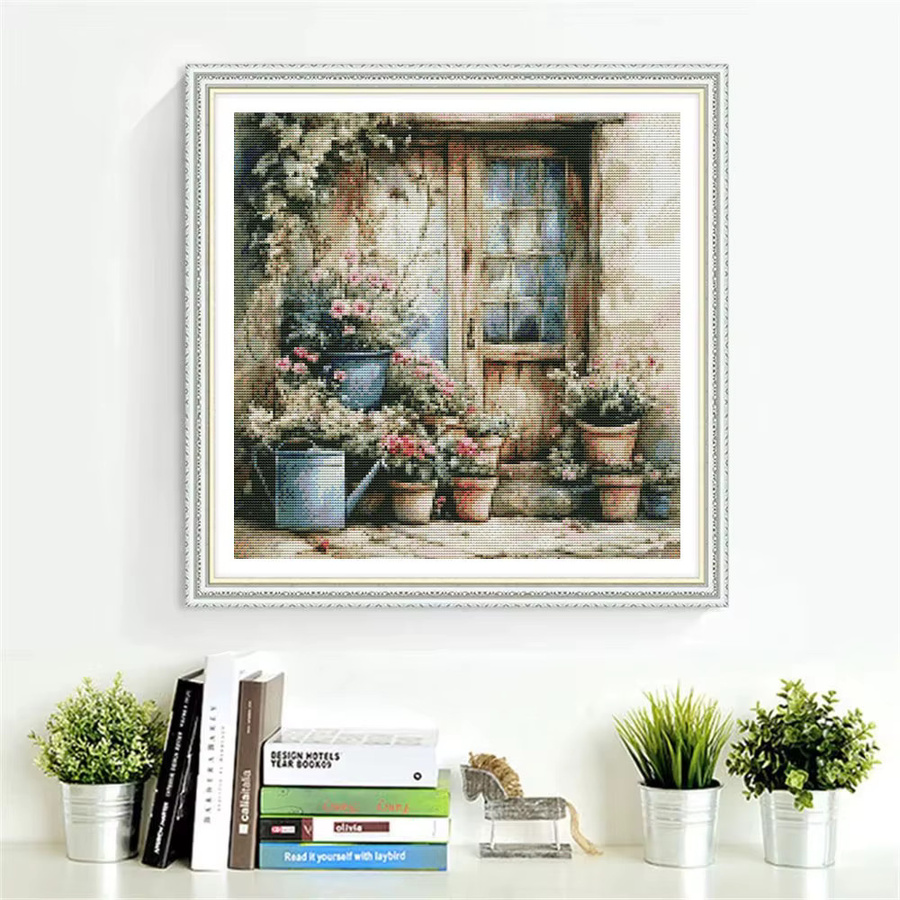 HUACAN Kreuzstich-Set Landschaft und Pflanze mit Tür als Wanddekoration, Mehrfarbig, B/H: 30 x 30 cm - Bild 3