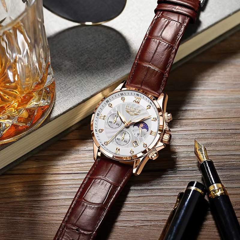 LIGE Armbanduhr Quarz, Leder, Roségold, Silber, Herren - Bild 6