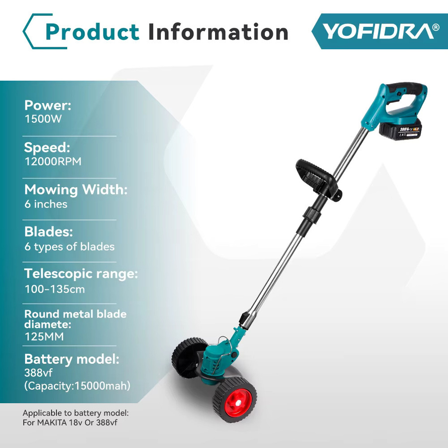 Yofidra Elektrischer Rasenmäher und Trimmer mit 1500W, Teleskopstiel, kompatibel mit Makita LXT Akku, Multicolor, Breite: 100-135 cm - Bild 2