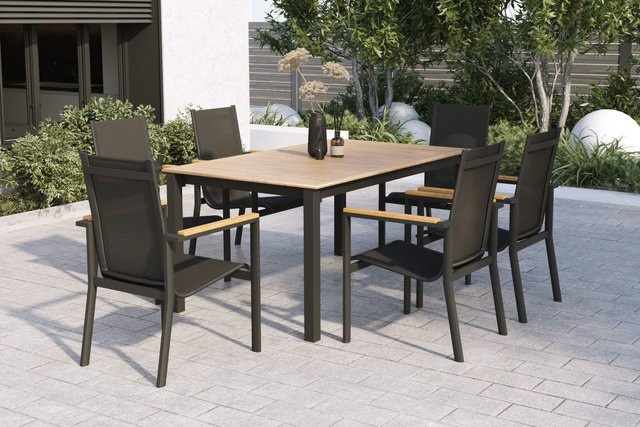 OUTFLEXX Garten-Essgruppe für 6 Personen aus Aluminium, Textilene und Teakholz in Anthrazit Matt, Tisch erweiterbar auf 180/240 x 100 cm mit stapelbaren Sesseln, FSC-zertifiziert - Bild 1