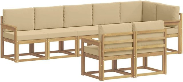 vidaXL Outdoor-Sofagarnitur 8-teilig in L-Form aus Akazienholz mit Kissen in Weiß und Beige - Bild 1
