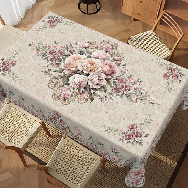 VIKAMA Vintage-Tischdecke mit rosa Blumenmuster aus Polyester und Leinen, rechteckig - Bild 1