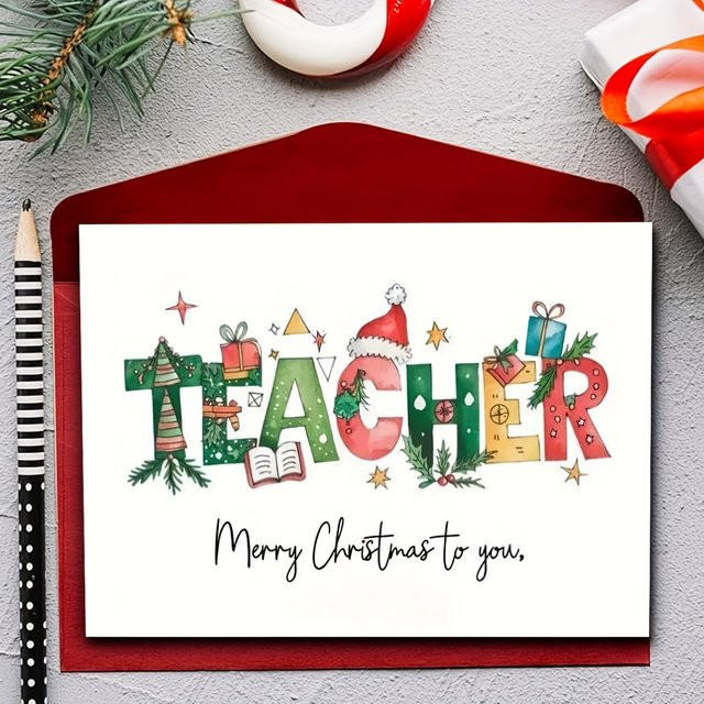 Set mit lustigen Weihnachtskarten für Lehrer in Rot und Mehrfarbig mit Motiv aus Wolken, Bleistiften und Hüten für Abschlussfeiern und Neujahr - Bild 1