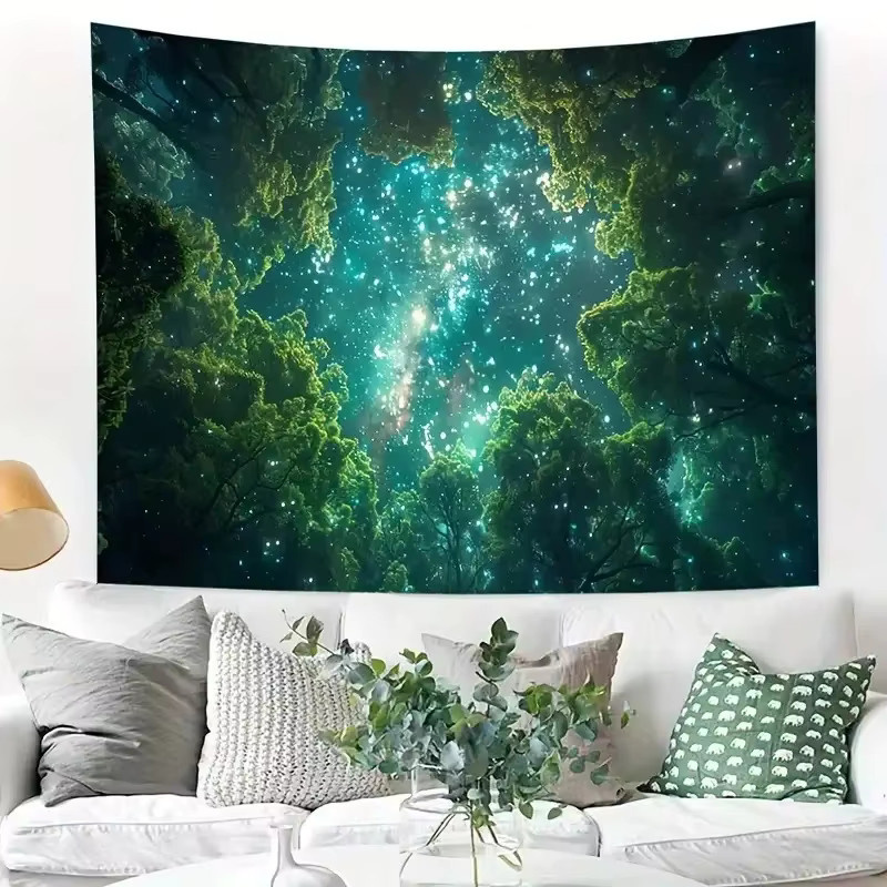 VIKAMA Wandteppich Magischer Wald mit Sternenhimmel in Grün und Multicolour, Rechteckiger Wandbehang für dein Wohnzimmer oder Schlafzimmer - Bild 2